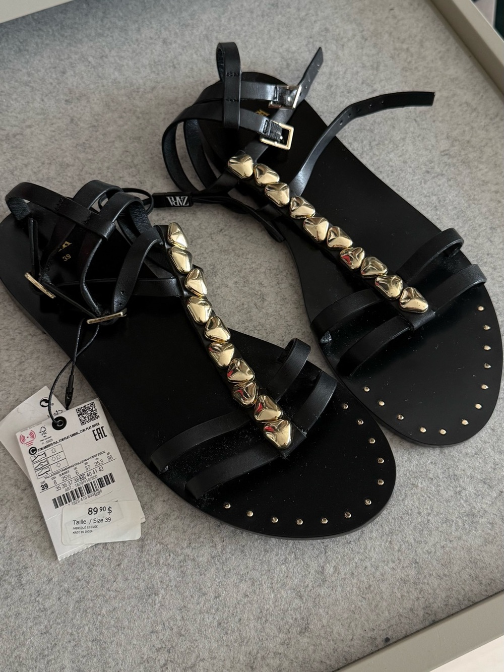 Zara Black Studded T-Strap Sandals with Gold Accents